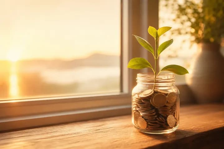 A jar of coins with a young plant growing from it in golden morning light.