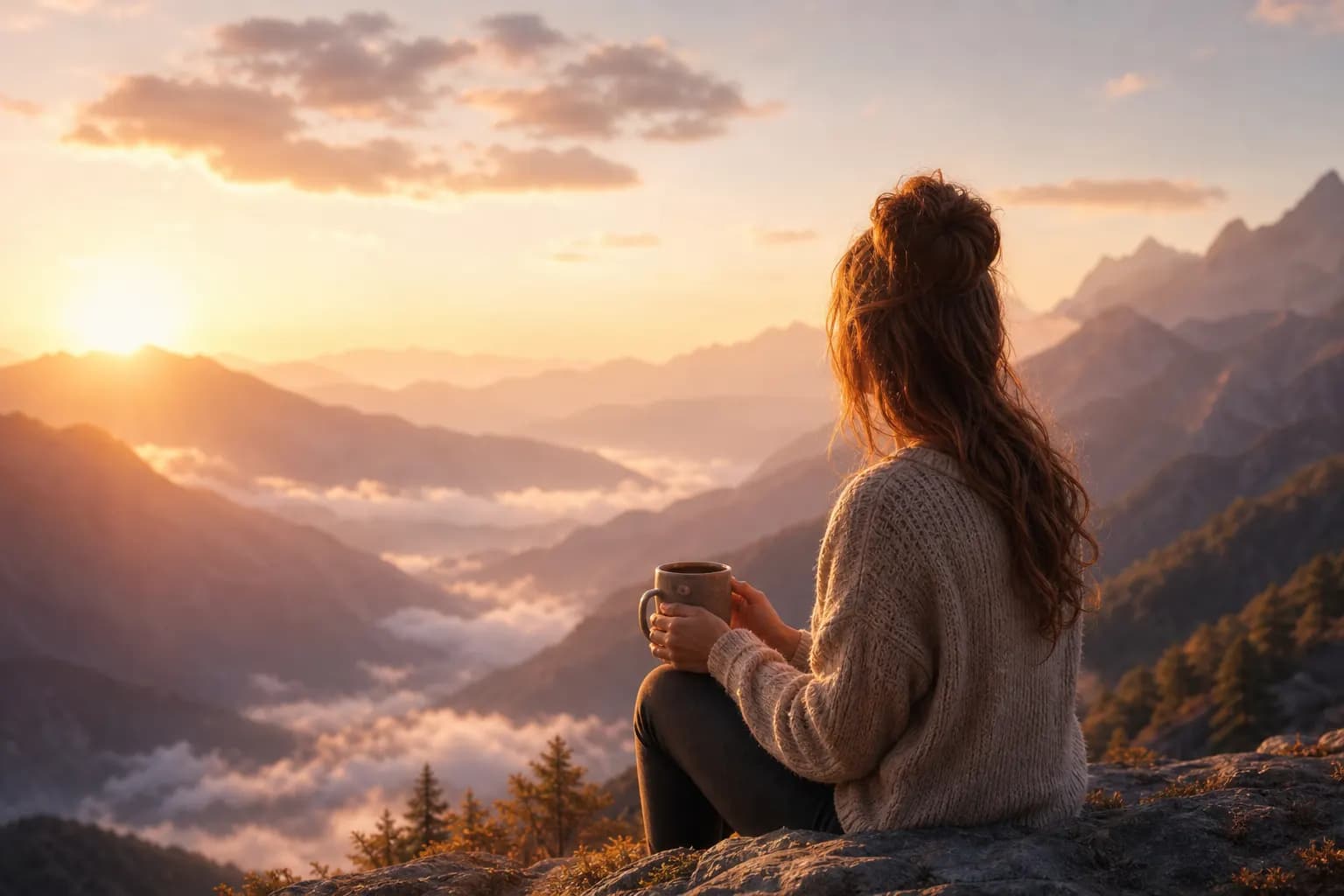 A woman holding a warm mug, sitting quietly at a mountain overlook while the sun rises over layered ridges.