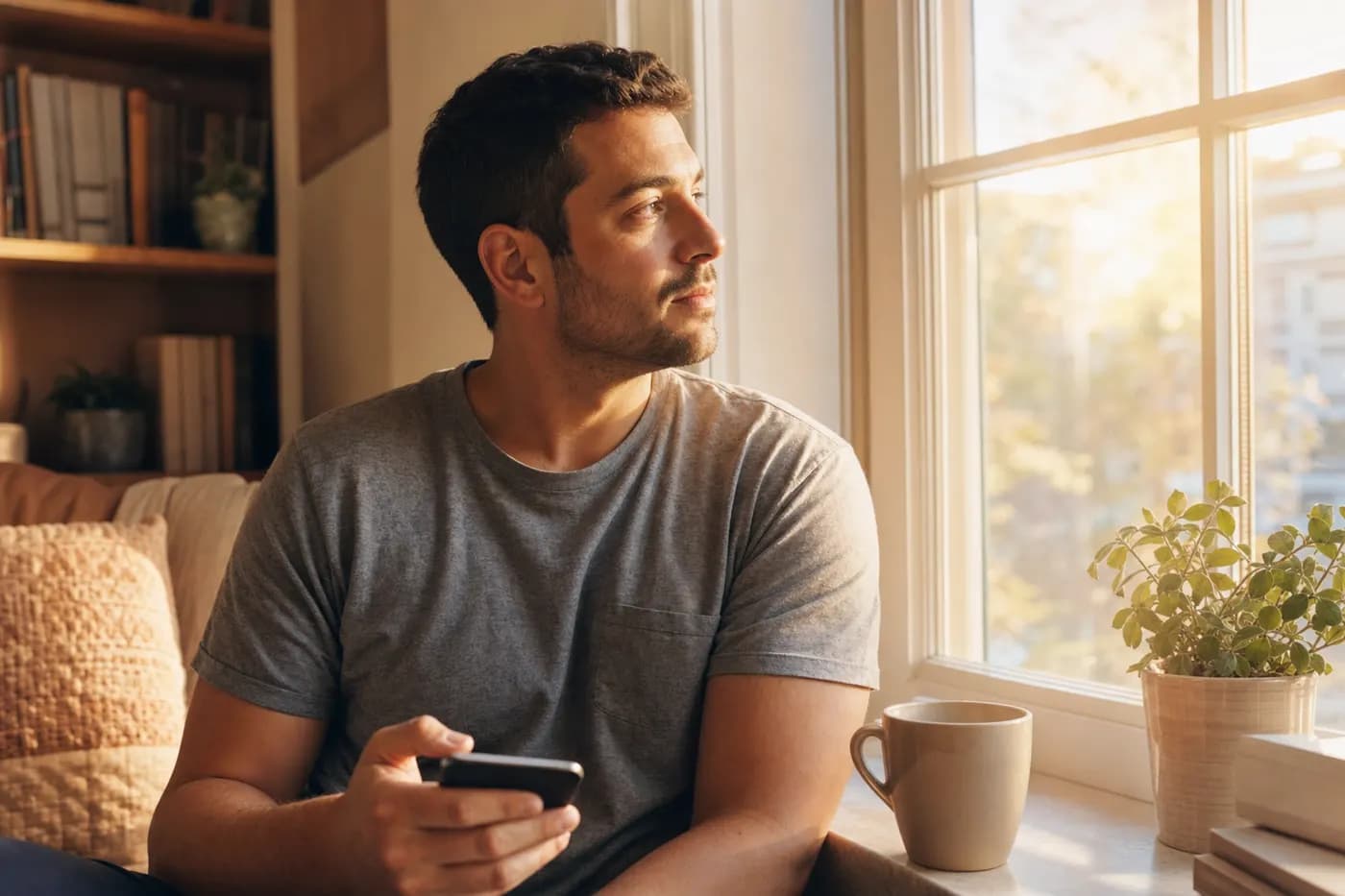 A man sitting by a bright morning window, phone in hand, looking out thoughtfully with a coffee beside him.
